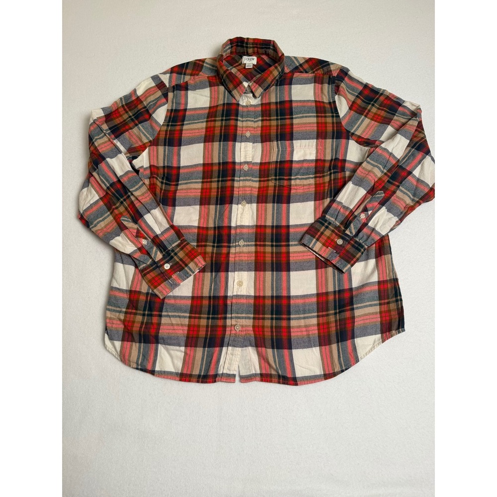 J.Crew Mens XL Plaid Flannel Button Down Shirt Red Navy Tan Cotton Long Sleeve
